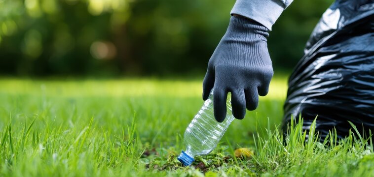 The Plastic Bottle Being Collected by a Gloved Hand in Green Grass