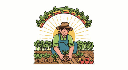 Naklejka premium A farmer plants a seedling in a sunlit garden with leafy vegetables and a colorful rainbow arch overhead