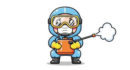 Fototapeta premium Cute cartoon character dressed as a worker wearing protective gear and spraying disinfectant in a playful style