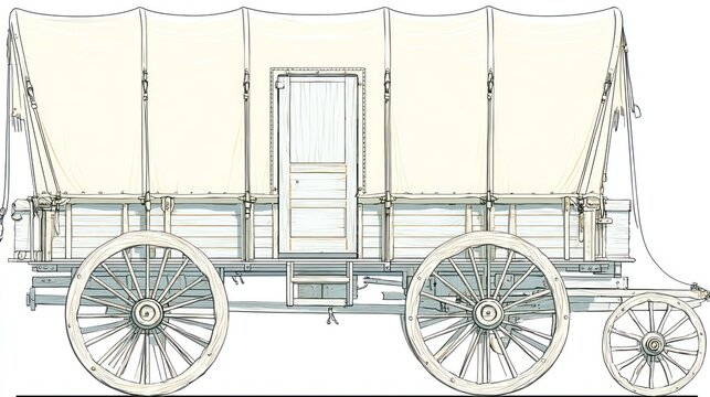 Historical covered wagon illustration against white background