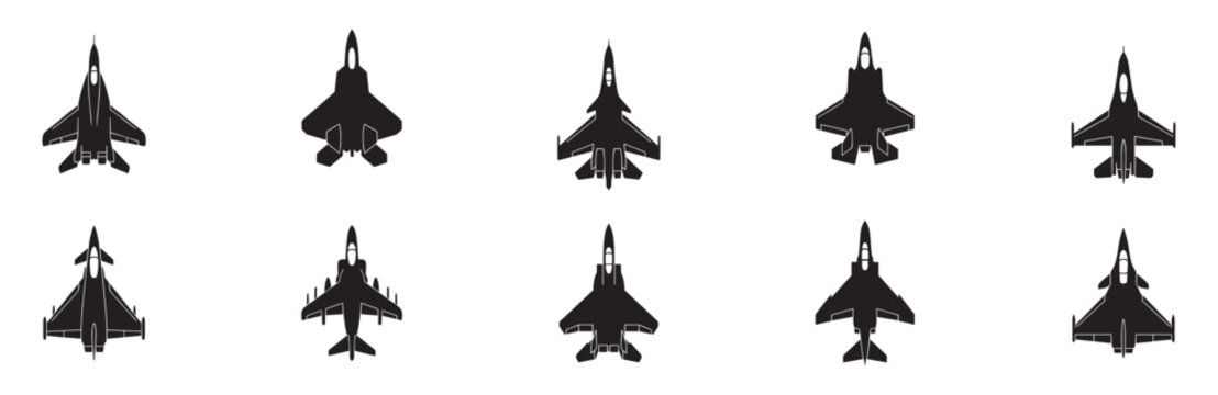 Fighter jet silhouettes icon. Jet fighter plane silhouette. Military fighter airplane icon. Vector Illustration.