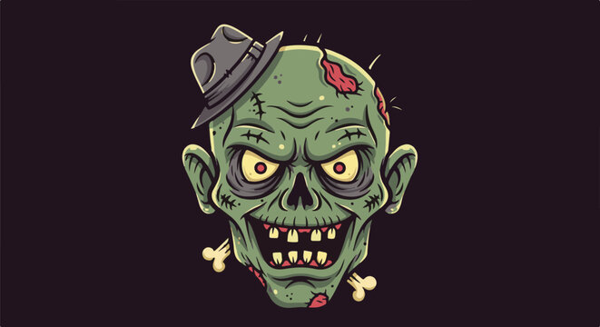 A grotesque, green-skinned creature with a fedora and visible bones on a dark background