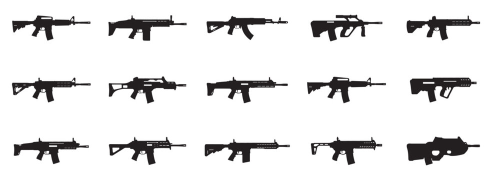 Modern Rifle icon set. Modern Rifle and Assault Weapon Silhouette Vector Collection. Vector Illustration.