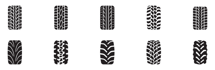 Car tire tracks vector, icon design. Tire tracks, rubber wheels, and braking marks. Truck, car, tread pattern silhouettes. Perfect for auto racing, speed-related designs. Vector Illustration. EPS 10 © Jeremy_Show