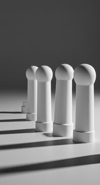 Abstract identical white forms perfectly aligned in a neutral space, representing featureless coordination and parallel structure, copy space, theory, conceptual