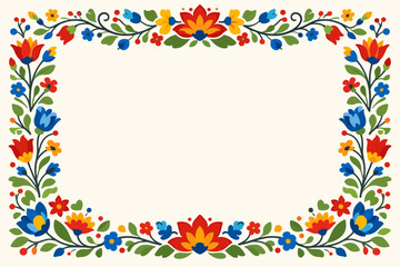 Obraz premium Traditional Folk Art Floral Frame Vector Illustration with Decorative Colorful Flowers, Green Leaves, and Vines. Elegant Ornament Border for Invitations, Greeting Cards, and Cultural Designs.