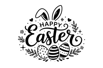 Obraz premium Happy Easter black and white logo with hand lettering typography, cute bunny ears, and decorated eggs. Festive holiday greeting card design with floral elements, hearts, and stars on white.