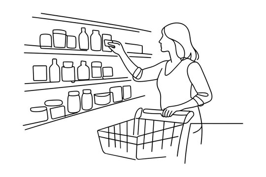 Continuous Line Drawing of a Woman Shopping in a Supermarket, Reaching for Products on Grocery Store Shelves while Holding a Shopping Cart, Minimalist Vector Illustration of Retail Experience.