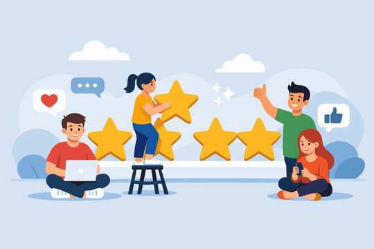 Flat vector illustration of diverse people giving a five star rating for customer service. Characters using laptop and phone to leave positive feedback, reviews, and high satisfaction scores.