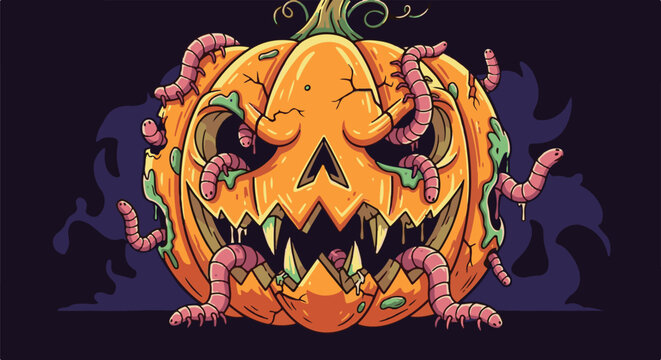 A grotesque pumpkin carved with a menacing face, infested with wriggling worms, set against a dark background
