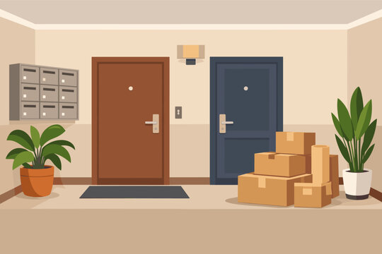 Apartment Building Hallway Interior with Two Closed Doors, Mailboxes, Potted Plants, and Stack of Cardboard Boxes for Moving. Flat Vector Illustration of Residential Corridor Lobby Entrance.