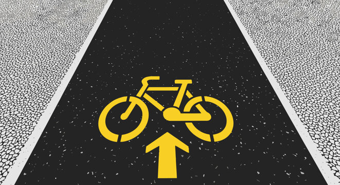 A white bicycle symbol painted on the asphalt street defines a dedicated urban bike lane for safe transportation and cycling traffic along the city road way