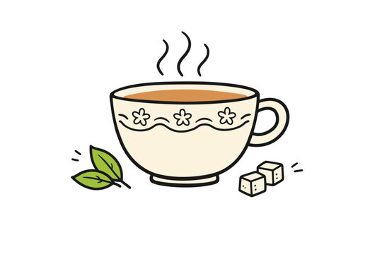 Hand Drawn Tea Cup Doodle Illustration with Steam, Green Tea Leaves, and Sugar Cubes; Simple Flat Vector Art Isolated on White Background for Cafe Menu, Kitchen Decor, or Cozy Morning Branding.