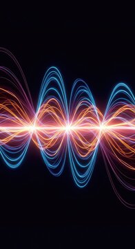 Abstract visualization of sympathetic vibration and energy transfer across dynamic, illuminated wave structures creating powerful harmony, rhythm, dynamic, synchronization
