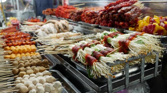 Raw skewers arranged in neat rows on a market stall counter prepared for cooking and sale forming a traditional street food display for local trading areas. Street food.
