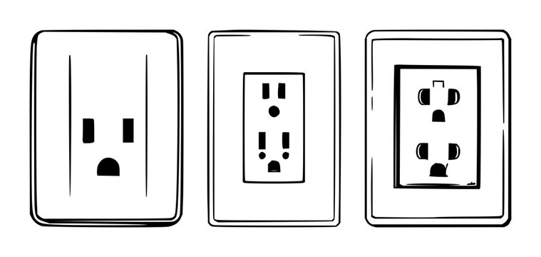 Wall outlet set with black line art illustration on white background featuring electrical socket, power plug, home utility with circuitry and device