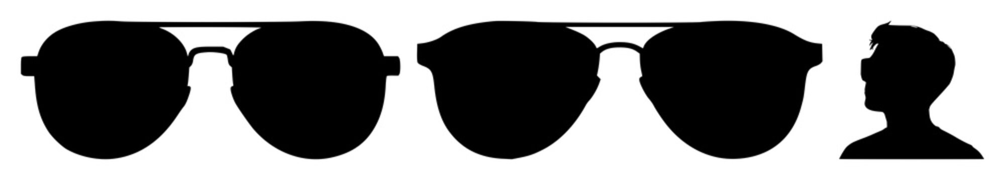 Sunglasses set with black silhouette of a pair against white background featuring iconography, fashion, optics with style and trend