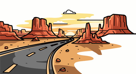 Fototapeta premium A paved road curves through a desert landscape with towering rock formations at sunset