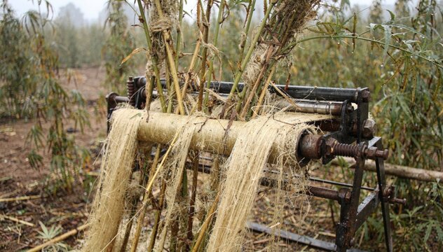 Medium shot of fieldretted hemp bast fiber decortication highlighting natural fiber separation influenced by outdoor humidity with mechanical tools gently processing the plant