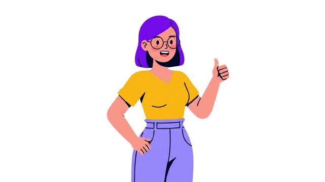 Happy young woman standing and showing thumb up. Character Animation. positive emotion, hand gesture. like, agree, approve concept, success, satisfaction. 2d flat cartoon style 4K stock video