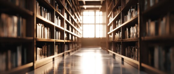 Fototapeta premium The Bookshelves Lining a Quiet Library Aisle Bathed in Golden Sunlight