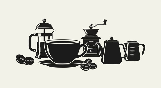 A flat illustration showcasing coffee-making equipment and beans