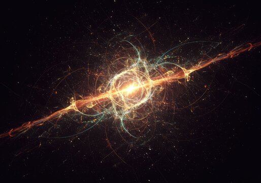 A complex, abstract graphic illustrating the theoretical concept of a dimensional wave nullification field, showing deep space colors and geometric distortion, instability, quantum, dark