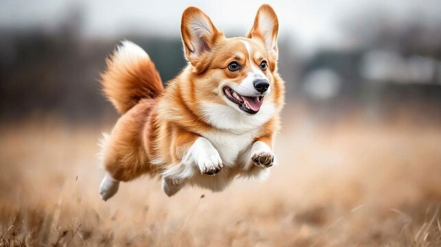 A happy corgi dog in mid-flight during energetic outdoor zoomies
