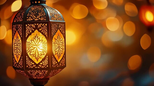 Close-up of an ornate, illuminated lantern with warm, glowing light against a bokeh background, evoking a festive or spiritual atmosphere