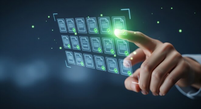 Hand touching digital document icons on screen, data management concept