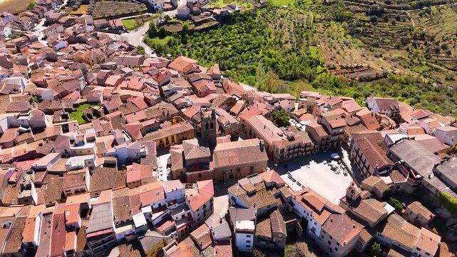 Aerial view flying over la alberca village in spain
