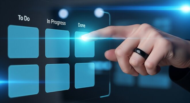 Hand Touching Digital Kanban Board Interface for Project Management and Productivity Concepts