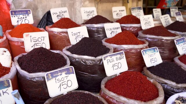 Spice varieties displayed in traditional Turkish bazaar market