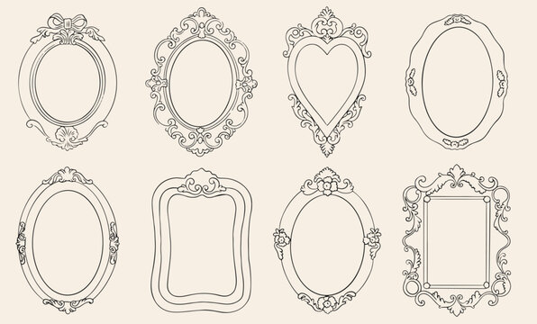 Hand drawn vintage baroque frame set. Whimsical elegant decorative border with hand drawn swirl of acanthus leaves and florals. Victorian style wedding decor, elegant antique inspired