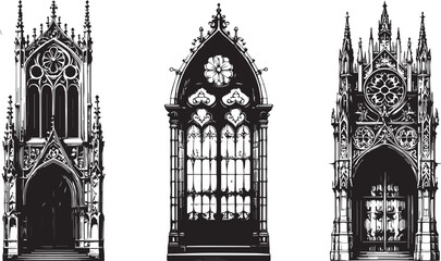 Gothic window frame set, hand drawn medieval arch border collection, cathedral portal silhouette. Fantasy vintage castle doorway, ancient palace ornamental doodle illustration. Gothic window design © jobaida