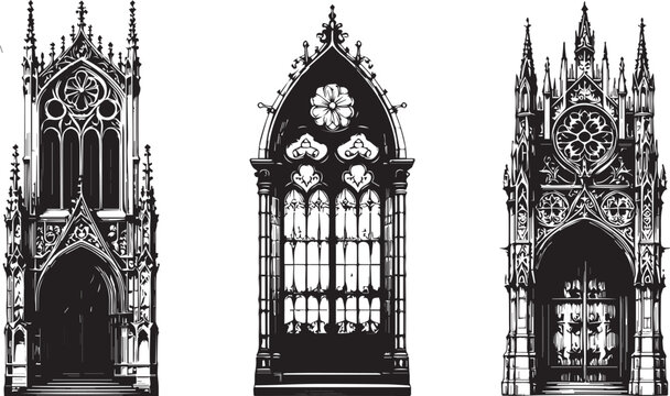 Gothic window frame set, hand drawn medieval arch border collection, cathedral portal silhouette. Fantasy vintage castle doorway, ancient palace ornamental doodle illustration. Gothic window design