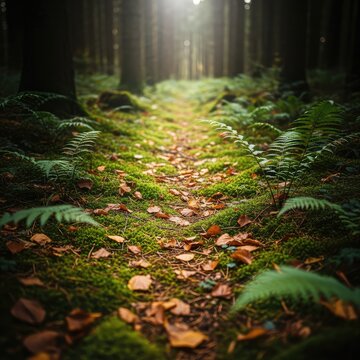 Expansive wide-angle view of a temperate forest floor covered in moss, decaying leaves, and lush ferns stretching deeply into the dense woods, habitat, foliage, lush