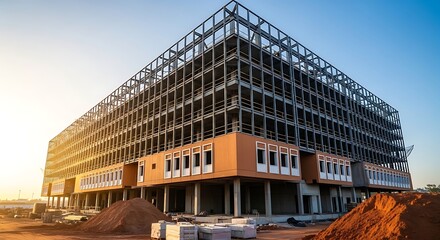 Naklejka premium Large multistory building under construction with steel frame and piles of dirt