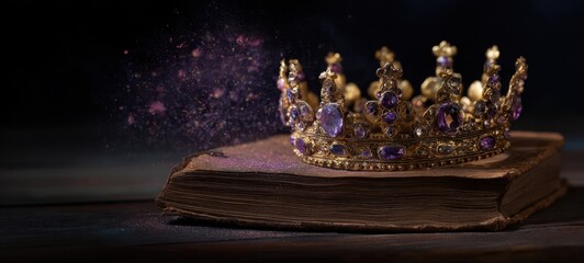 Obraz premium The Crown Resting on an Antique Book with Sparkling Gems and Magical Dust