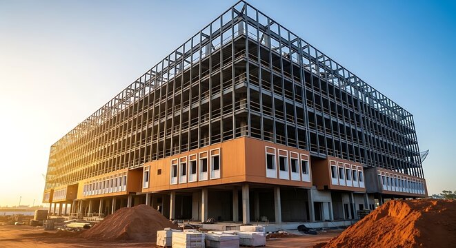 Large multistory building under construction with steel frame and piles of dirt