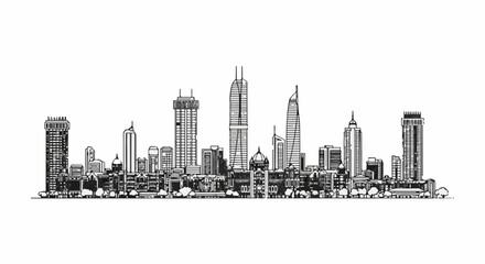 Obraz premium Stylized black and white sketch of a diverse city skyline with varied buildings and trees