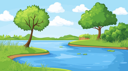 Obraz premium Animated landscape depicts a serene lake, grassy banks, verdant trees, hills, and cloudy sky