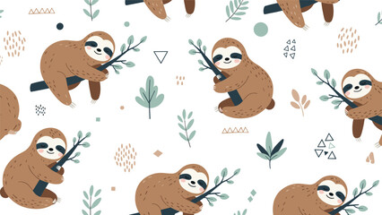 Fototapeta premium Adorable seamless pattern with sloths hanging on branches surrounded by leaves and colorful geometric shapes.