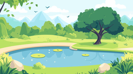 Obraz premium A peaceful illustration of a park with a pond, trees, mountains, and flying birds