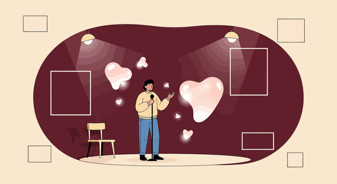 Comedian performs on stage with heart-shaped bubbles and spotlights, stand-up comedy concept