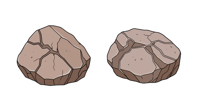 Detailed illustration of two large cracked rocks or boulders with visible fissures and texture on a white field.