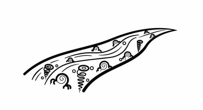 Stylized ink drawing of a flowing river with swirling patterns