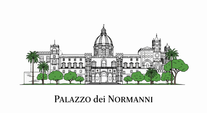 Stylized drawing of a grand building with a dome, towers, and trees