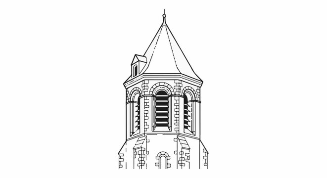 Stylized drawing of a stone bell tower with a pointed roof and dormer