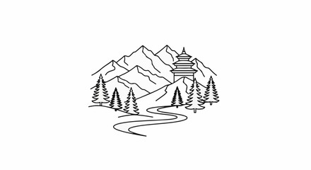 Fototapeta premium Stylized mountain landscape with a pagoda and winding path